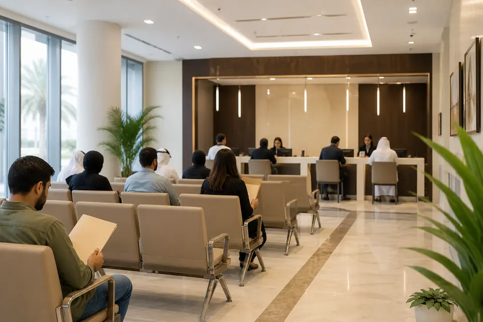 AI-generated illustration of an unbranded visa application centre waiting area in the UAE