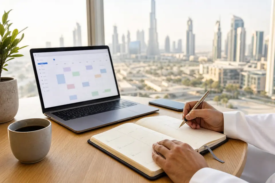 AI-generated illustration of a UAE resident using a calendar to plan a visa appointment