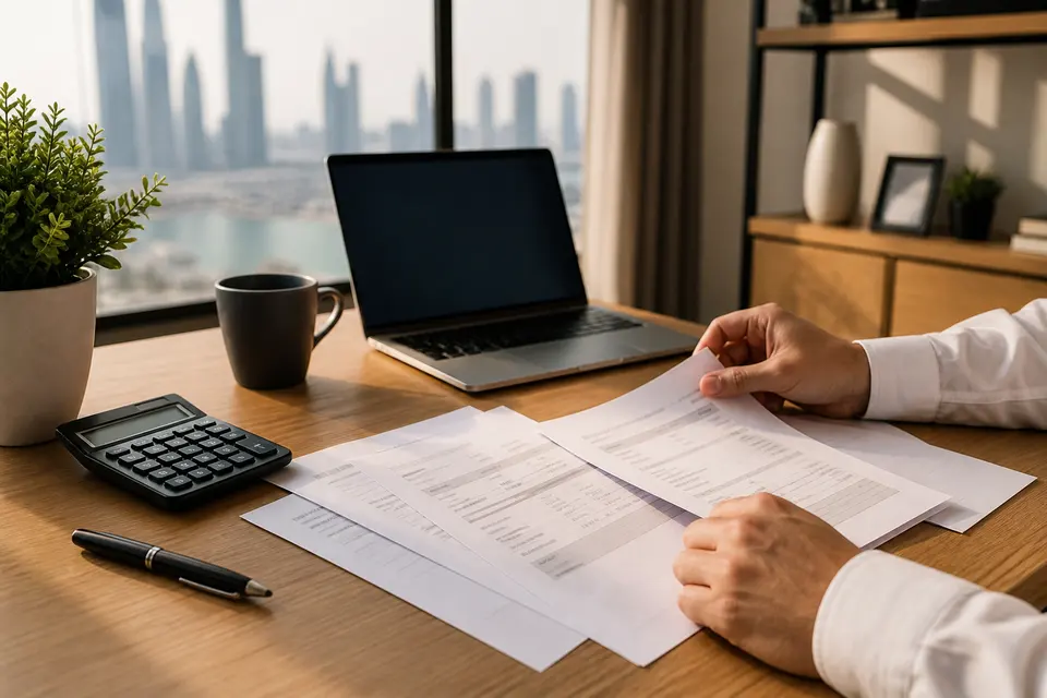 AI-generated illustration of a UAE resident organising generic bank statements and a calculator
