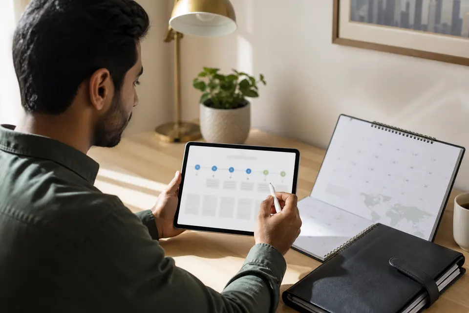 AI-generated illustration of a UAE resident comparing a generic residence timeline with travel dates