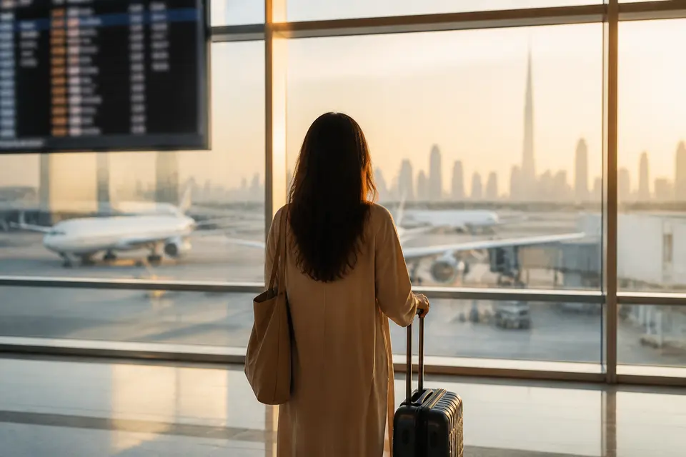 AI-generated illustration of a UAE resident preparing to fly from Dubai to Europe