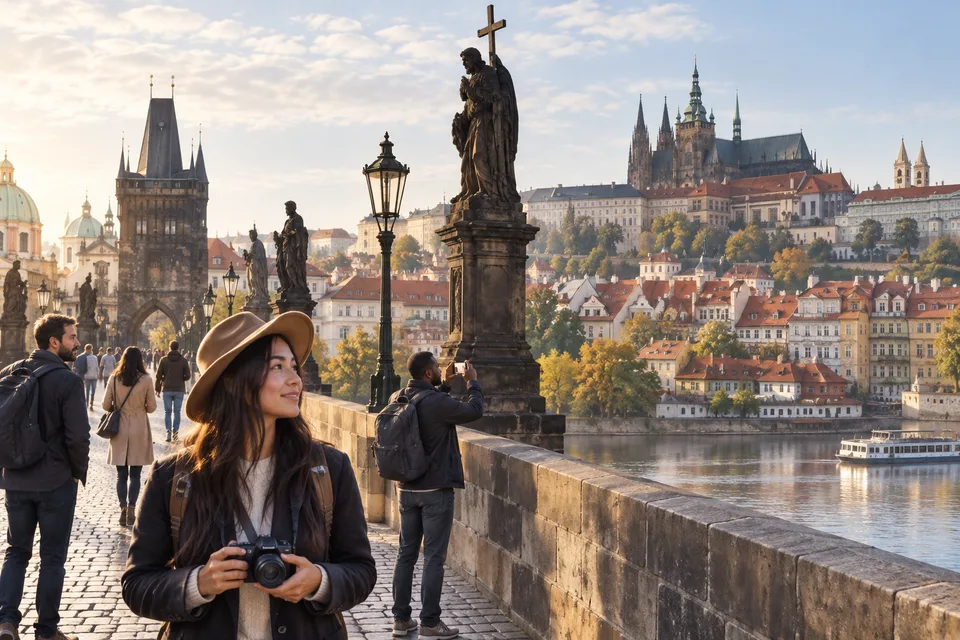 AI-generated illustration of visitors crossing Charles Bridge with Prague Castle beyond