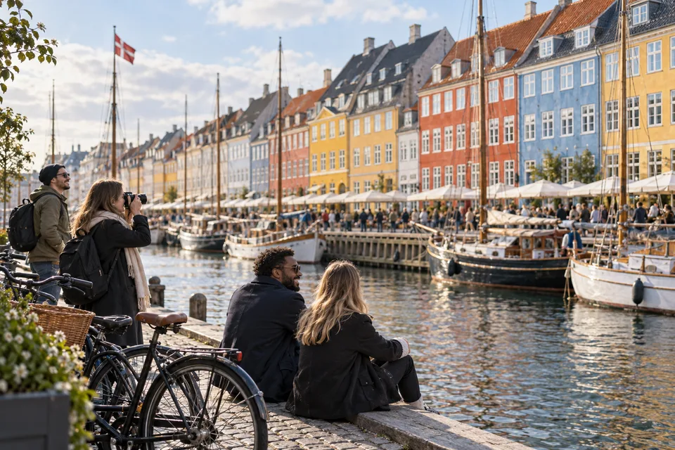 AI-generated illustration of visitors beside the colourful Nyhavn waterfront in Copenhagen