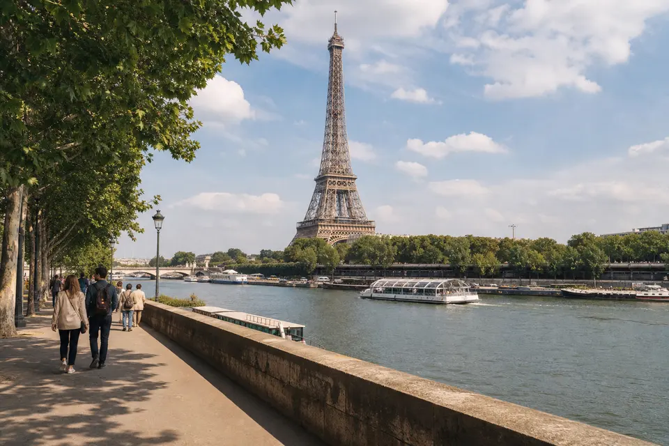 AI-generated illustration of the Eiffel Tower and travellers beside the Seine in Paris