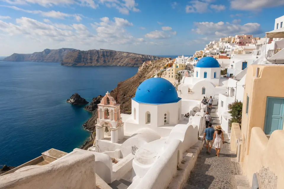 AI-generated illustration of travellers among blue domes and whitewashed buildings above the Aegean