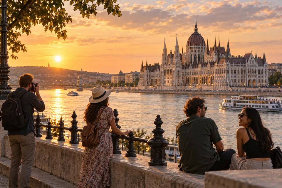 AI-generated illustration of visitors overlooking the Hungarian Parliament from the Danube promenade