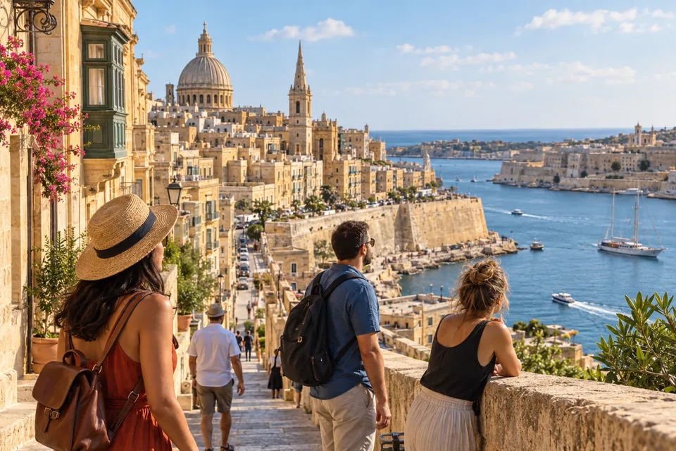 AI-generated illustration of visitors overlooking Valletta and the Grand Harbour