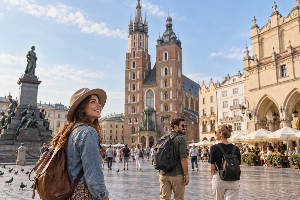 AI-generated illustration of visitors in Kraków’s historic Market Square
