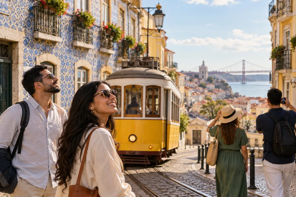 AI-generated illustration of visitors beside a yellow tram and tiled buildings in Lisbon
