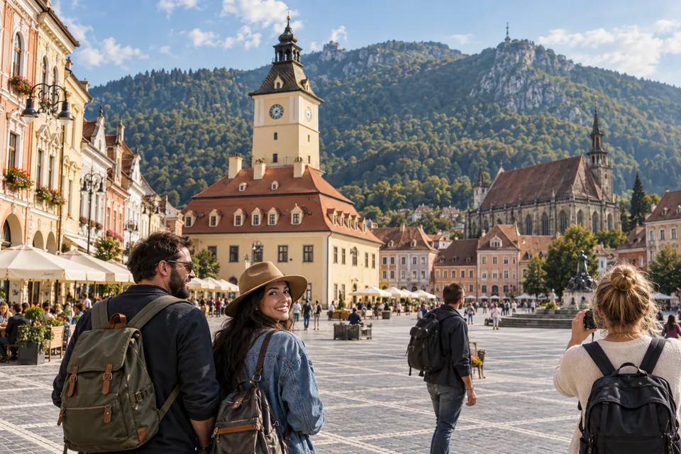 AI-generated illustration of visitors in Brașov old town beneath the Carpathian Mountains