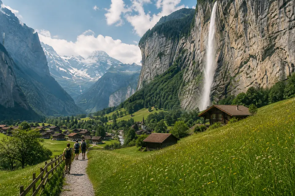 AI-generated illustration of hikers exploring a Swiss Alpine valley